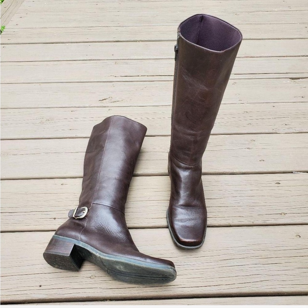Tall square toe leather brown boots
